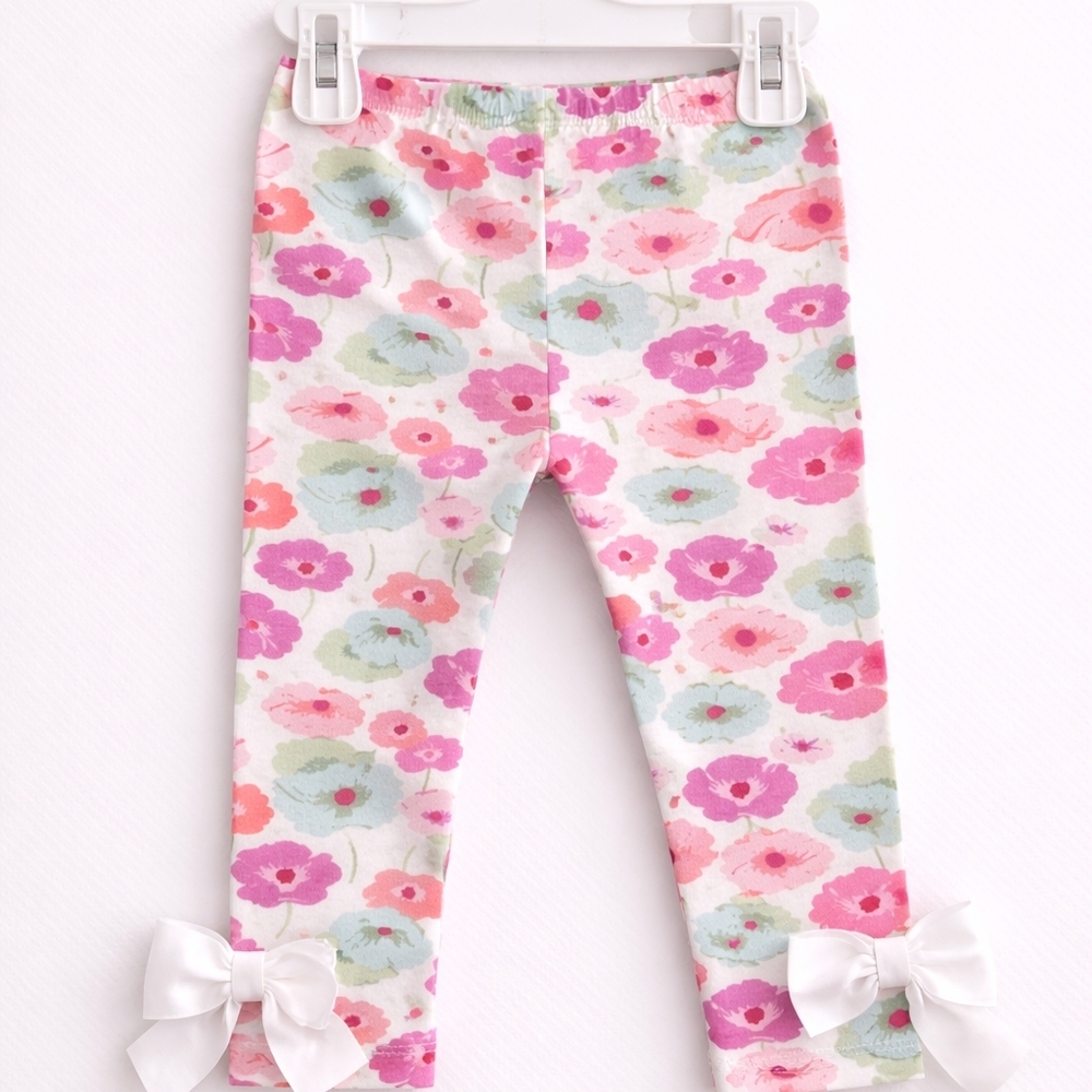 Girls' Floral Bow Trim Leggings - Pink Multi